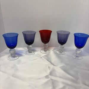 Vintage Clear Ball Stem‎ Hand Blown Glass/Goblet - various colors set of 5